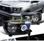 Фары передние черные ангельские глазки линзы + диоды  тюнинг Toyota Tundra 2007-2013
