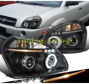 Фары передние черные ангельские глазки линзы + диоды тюнинг Hyundai Tucson 2005-2009