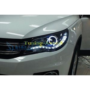 Фары передние черные ангельские глазки линзы диодная лента тюнинг Volkswagen Tiguan 2010-2012